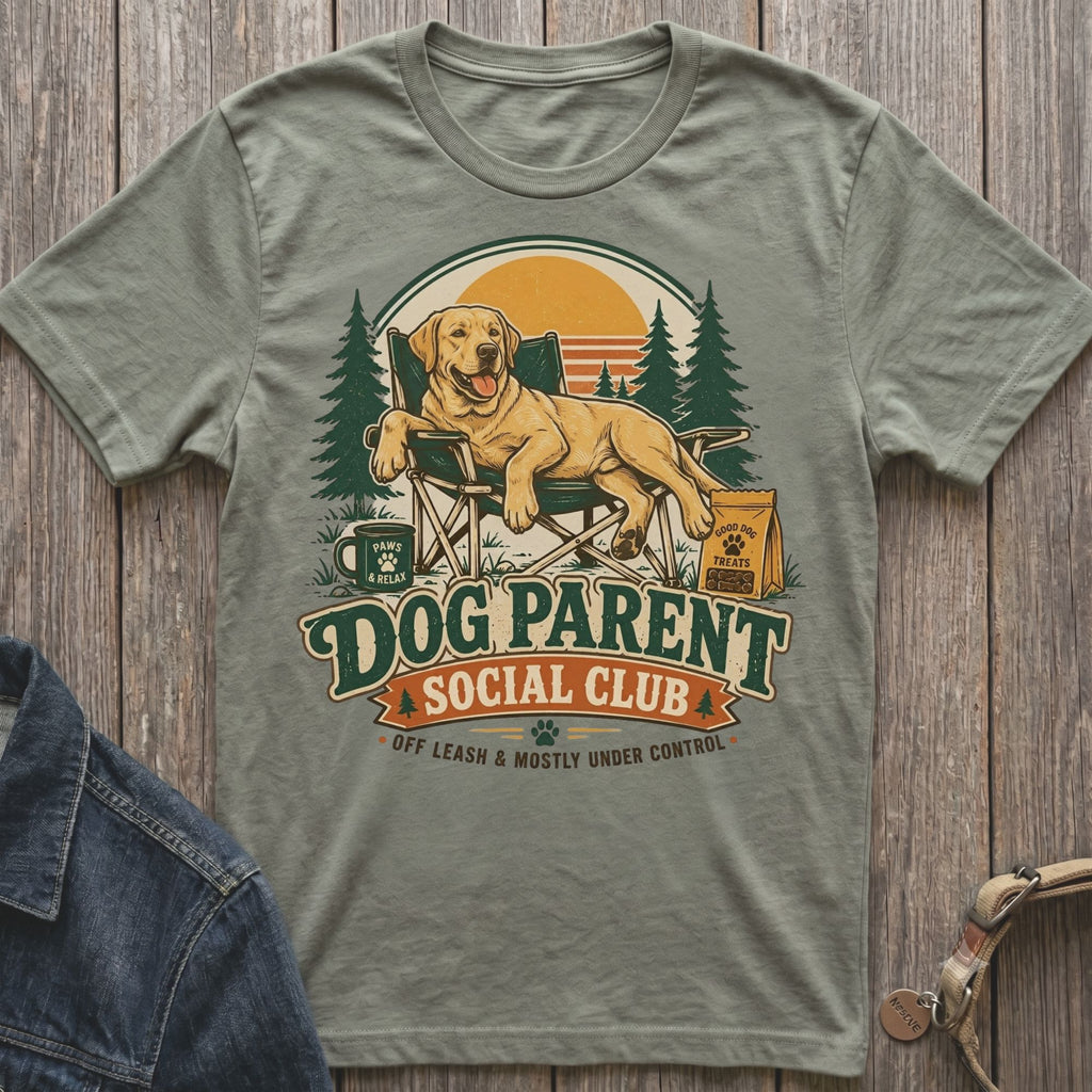 Yellow lab on camping chair with "Dog Parent Social Club" text.