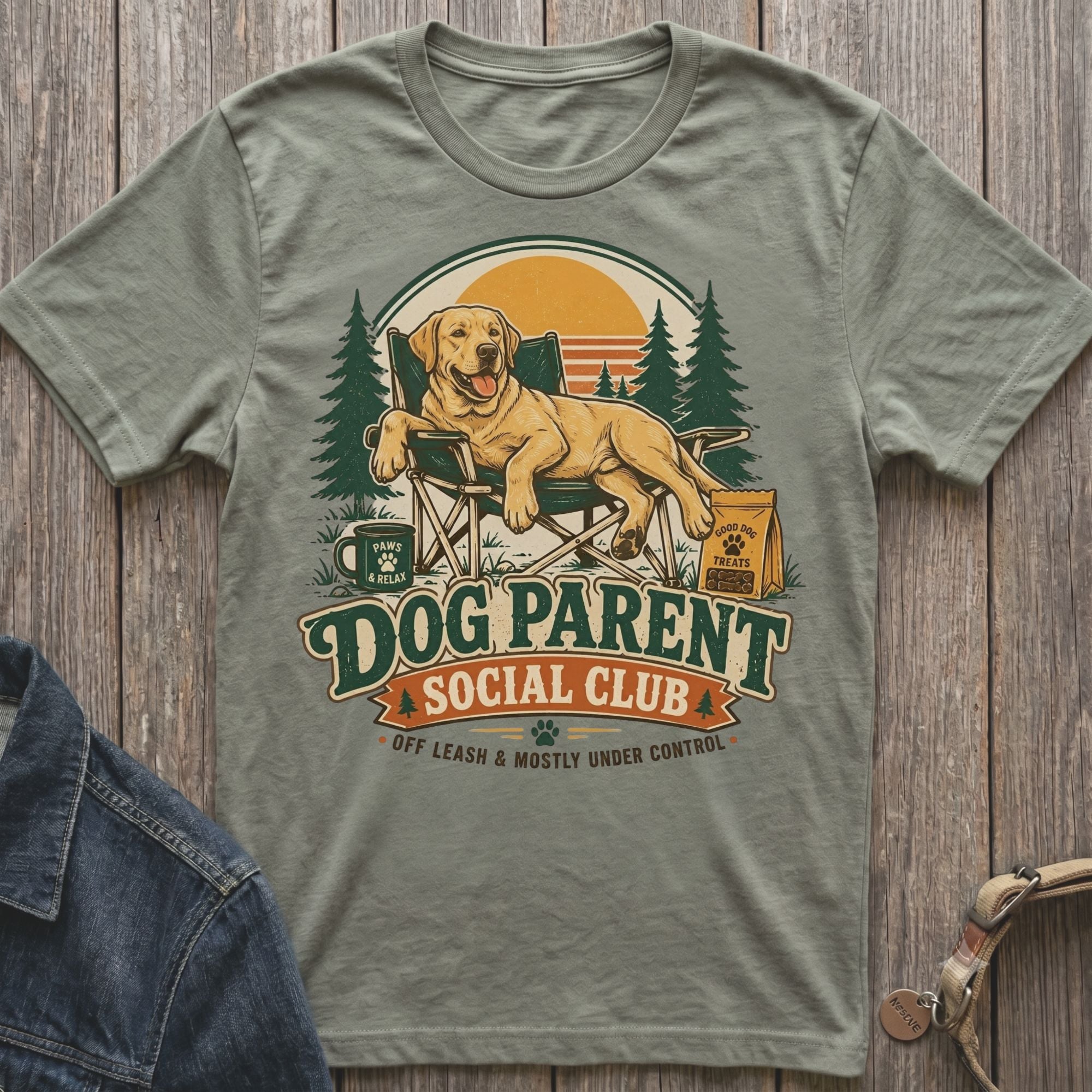 Yellow lab on camping chair with "Dog Parent Social Club" text.