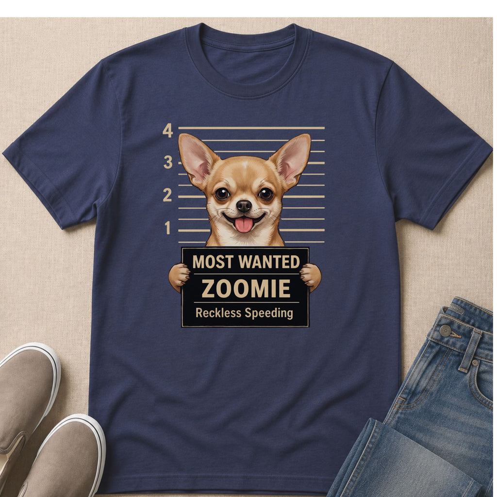 Chihuahua mugshot graphic with text "Most Wanted Zoomie Reckless Speeding".