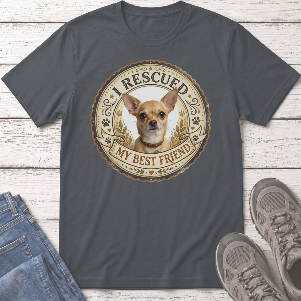Chihuahua wearing a collar on a t-shirt with text "I Rescued My Best Friend."