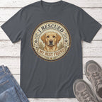 Dark gray t-shirt with a graphic of a yellow Labrador and text reading "I Rescued My Best Friend".
