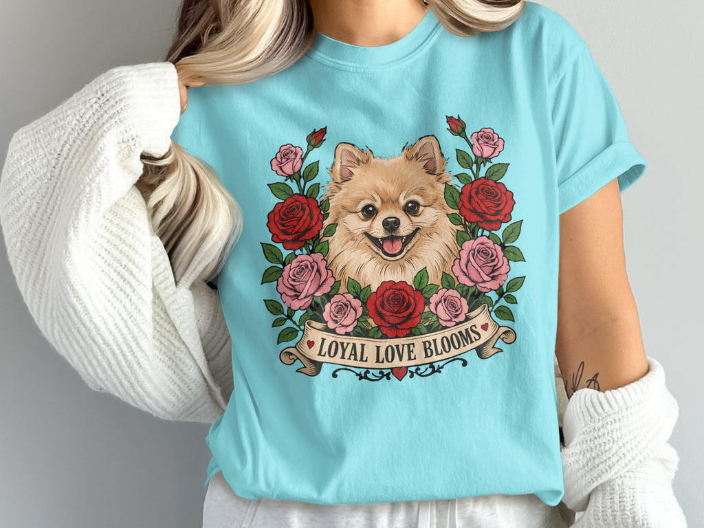 Pomeranian dog surrounded by red and pink roses with banner saying "LOYAL LOVE BLOOMS".