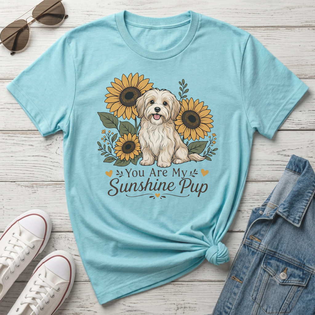 Light blue t-shirt with a fluffy dog and sunflowers design that says "You Are My Sunshine Pup."