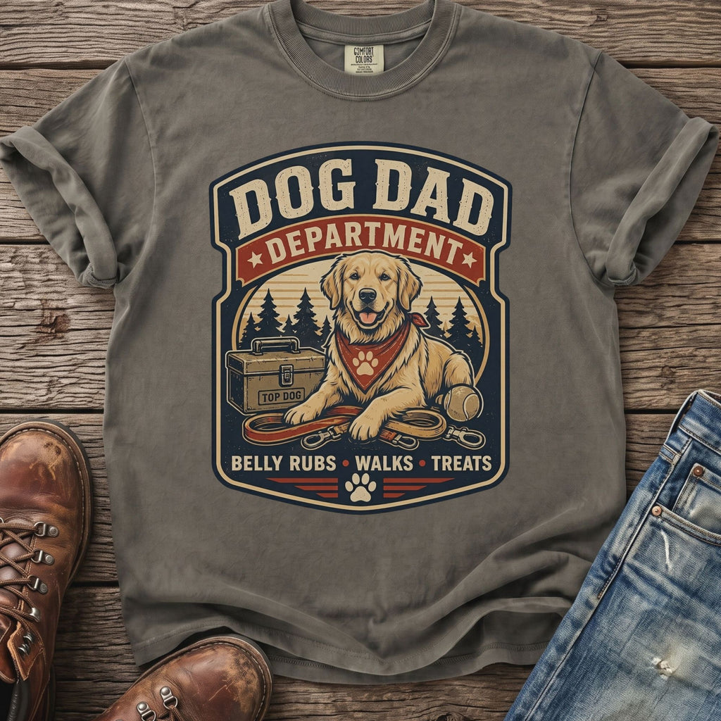 Grey t-shirt with a "Dog Dad Department" graphic featuring a golden retriever.