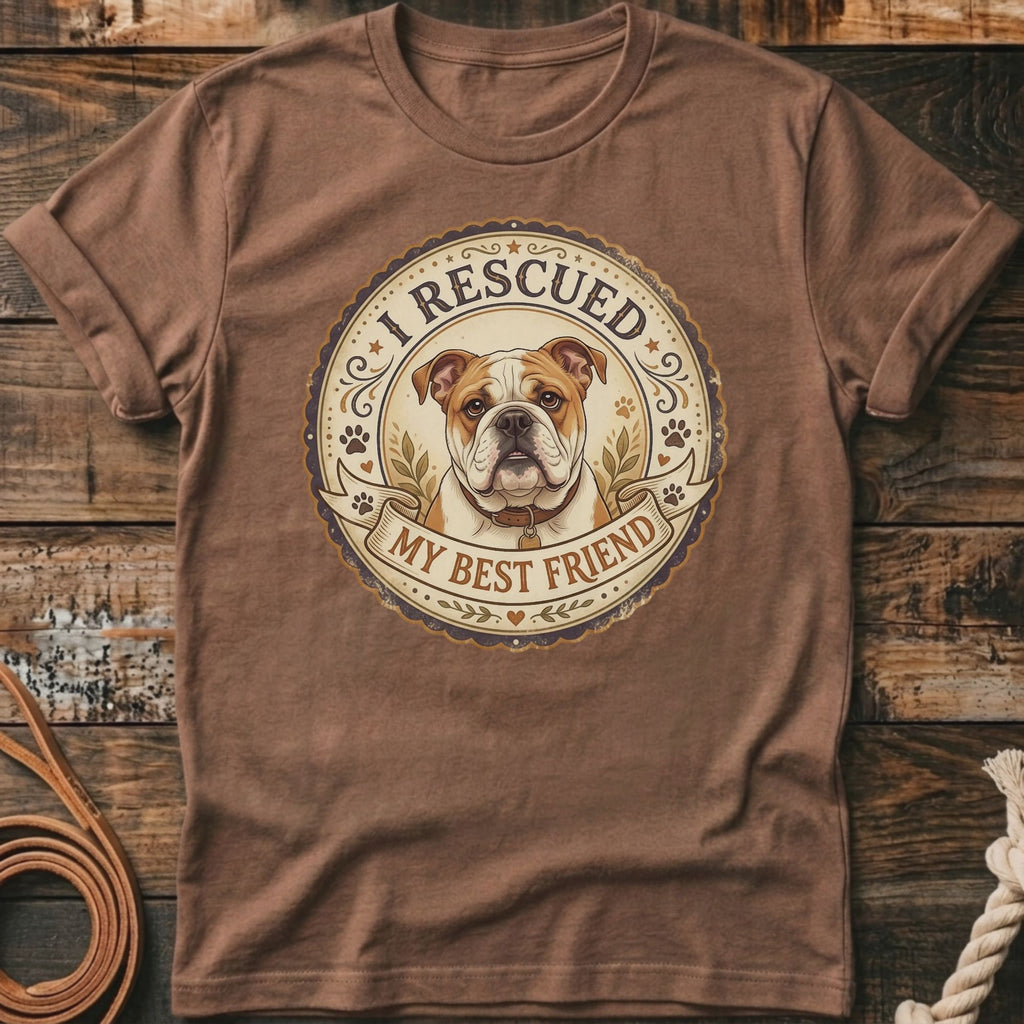 Brown t-shirt with a vintage-style circular emblem featuring a bulldog and text.