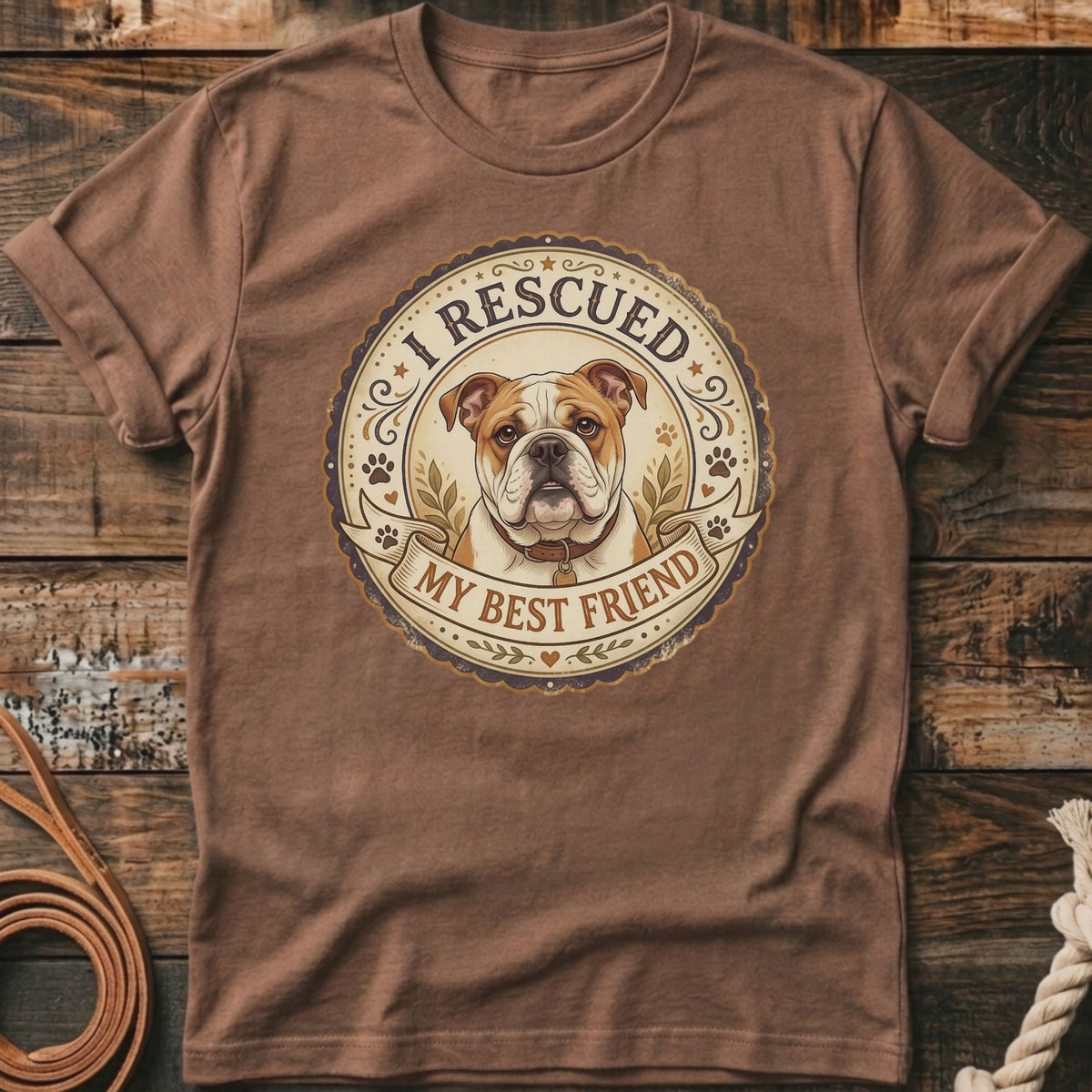 Brown t-shirt with a vintage-style circular emblem featuring a bulldog and text.