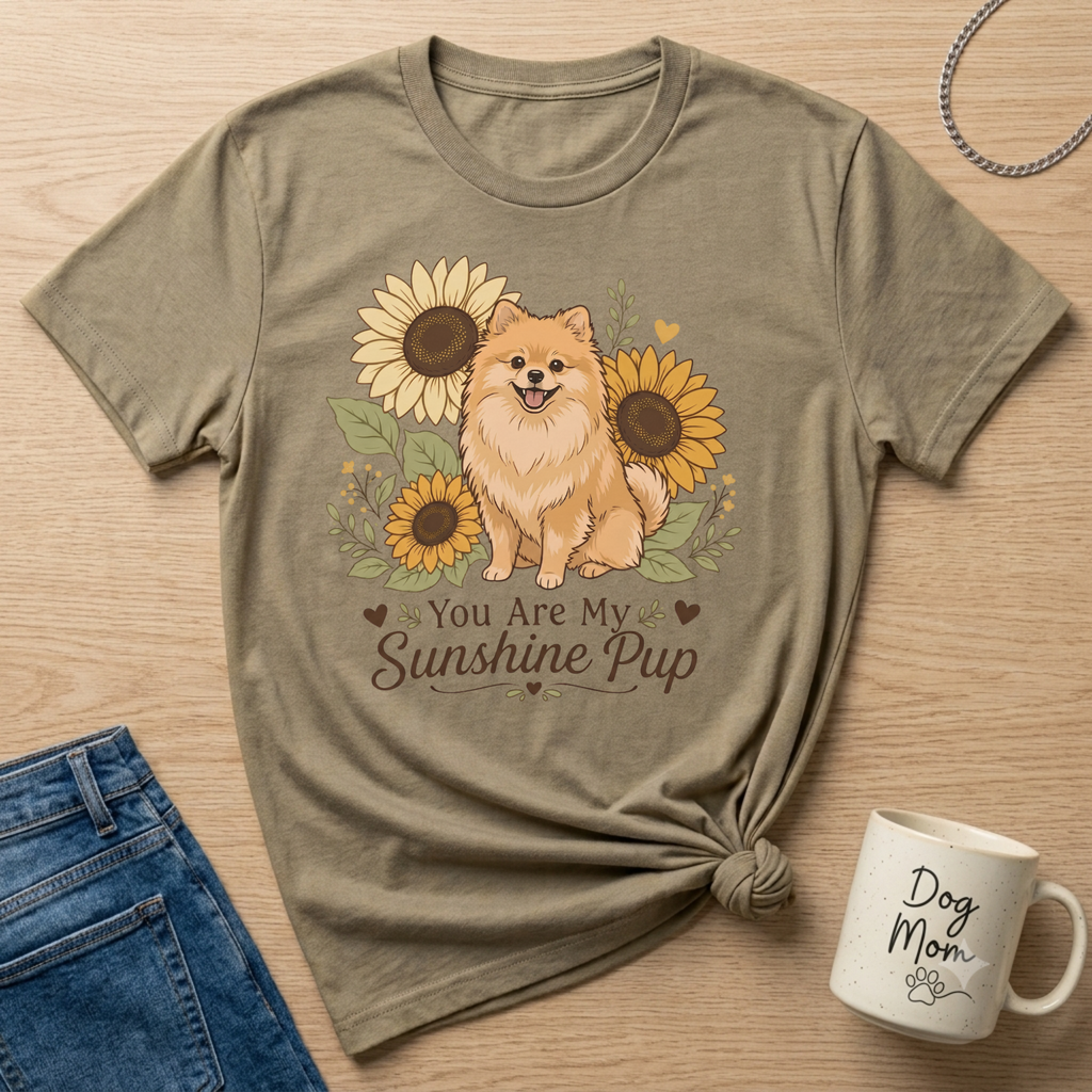 Pomeranian dog with sunflowers on t-shirt with text "You Are My Sunshine Pup".