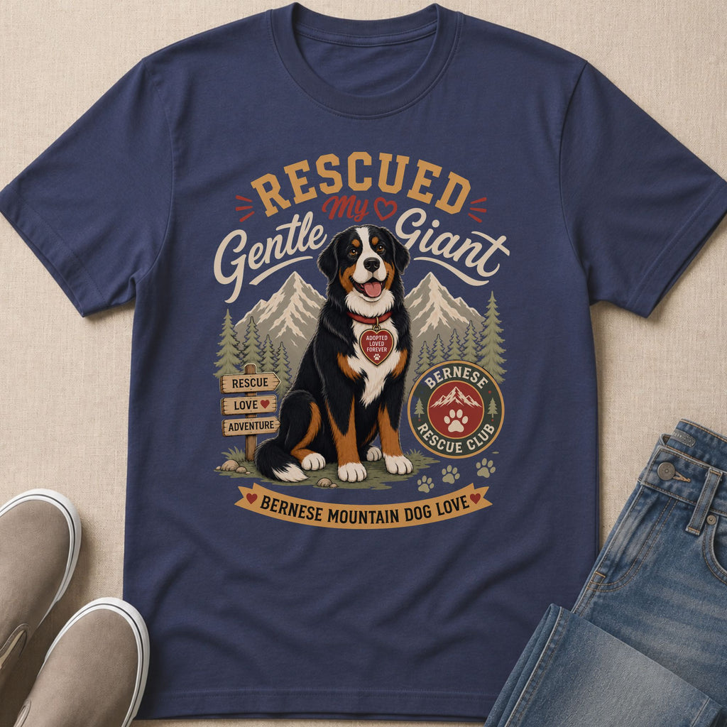 Bernese Mountain Dog rescue graphic with text "Rescued Gentle Giant" and "Bernese Mountain Dog Love".