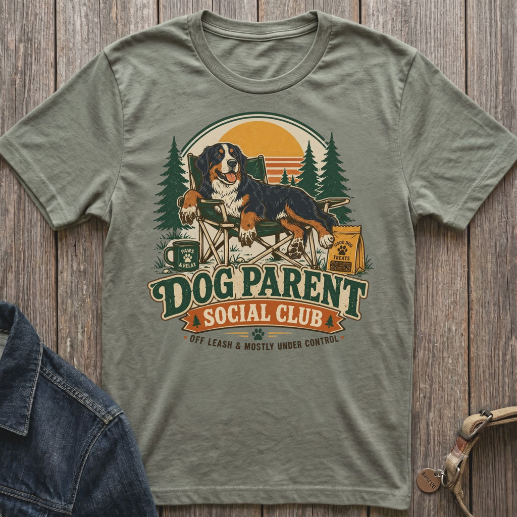 Bernese Mountain Dog relaxes in chair with "Dog Parent Social Club" text.