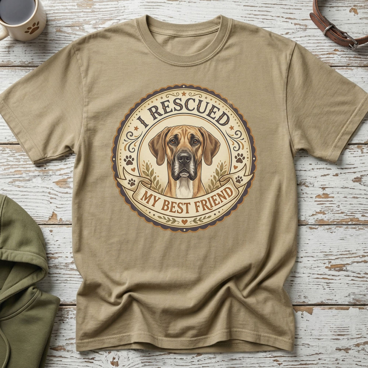 Tan t-shirt with a Great Dane illustration and text "I Rescued My Best Friend".