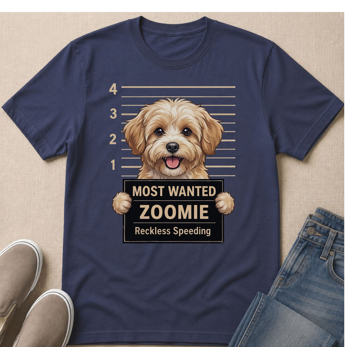 Navy t-shirt with a fluffy dog mugshot graphic: "Most Wanted Zoomie, Reckless Speeding."