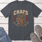 Dark t-shirt with a graphic of a snarling dog and the word CHAOS.