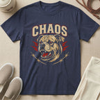 Navy t-shirt with a distressed bulldog graphic and the word "CHAOS".