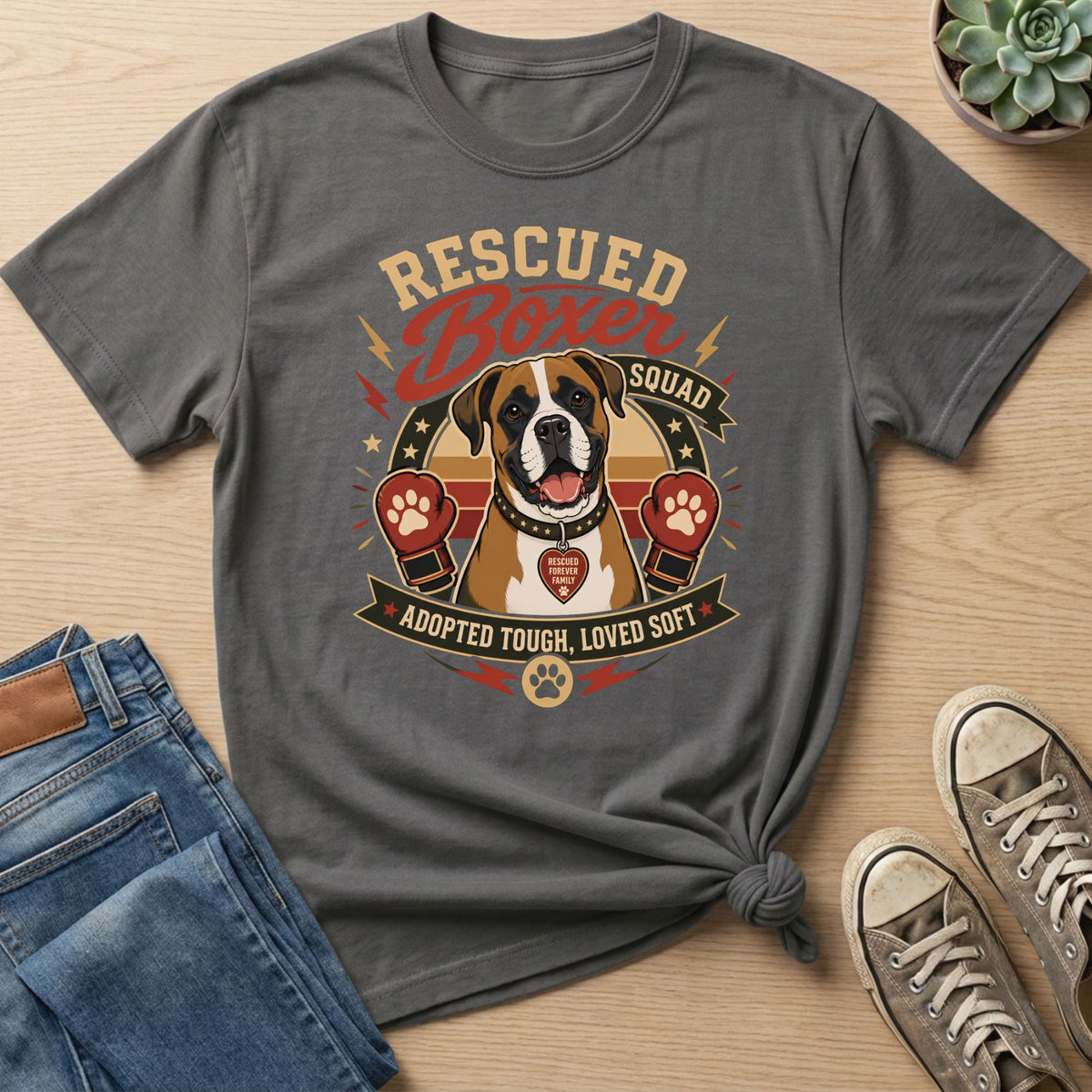 Gray t-shirt with a graphic of a boxer dog wearing boxing gloves and text.