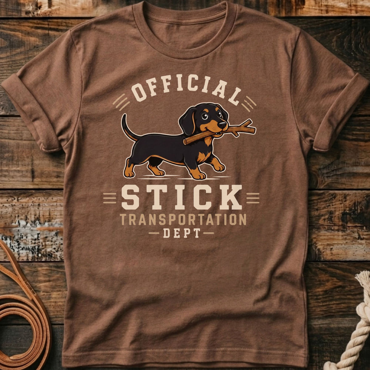 Brown t-shirt with dachshund graphic reading "Official Stick Transportation Dept."