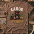 Brown t-shirt with Rottweiler wearing sunglasses and text "LARGE AND IN CHARGE".