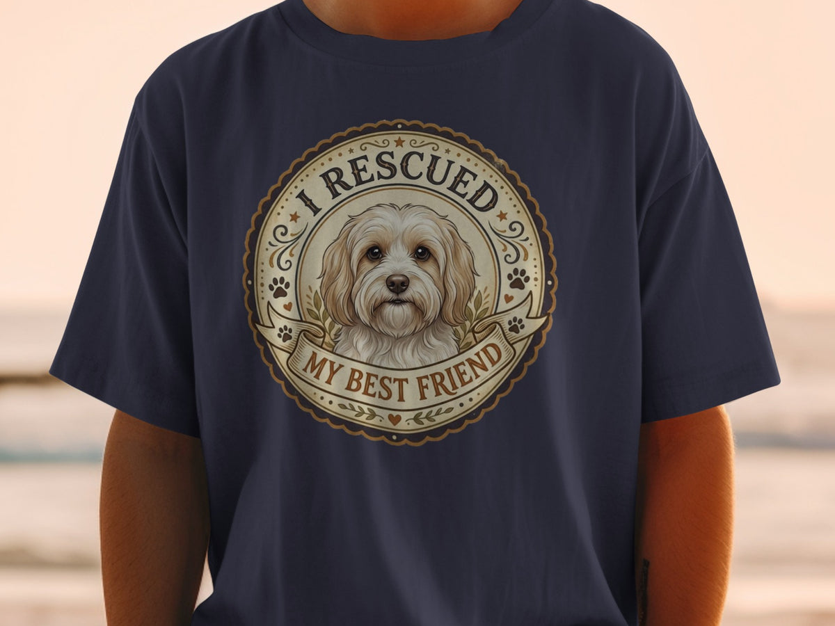 T-shirt with a circular design of a rescued dog, saying "I RESCUED MY BEST FRIEND."