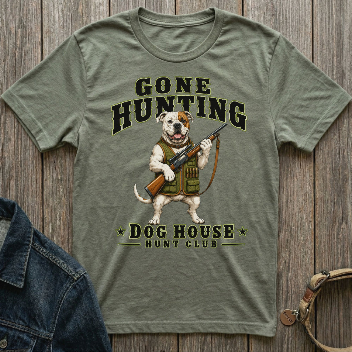 T-shirt with "Gone Hunting" and a dog holding a rifle, "Dog House Hunt Club".