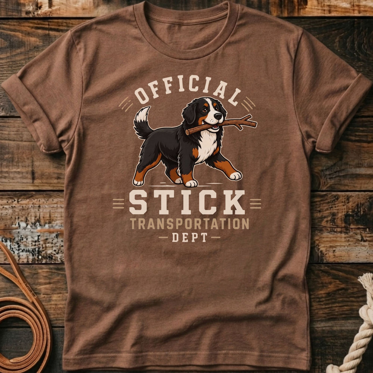 Bernese Mountain Dog with stick, "Official Stick Transportation Dept" text on brown shirt.