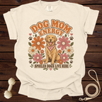Cream t-shirt with "Dog Mom Energy" text and a golden retriever surrounded by flowers.