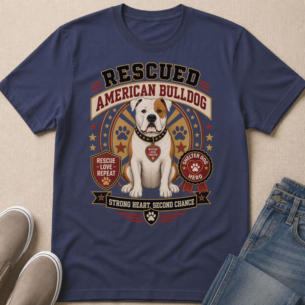 Rescued American Bulldog graphic with "Rescue-Love-Repeat" and "Shelter Dog Hero".