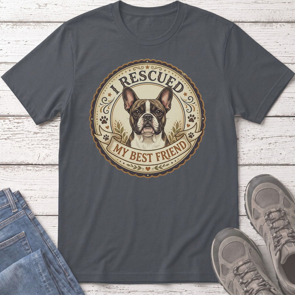 Dark gray t-shirt with a French Bulldog graphic that reads "I Rescued My Best Friend".