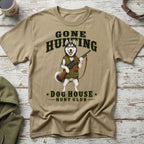 T-shirt with husky graphic, shotgun, and text "Gone Hunting Dog House Hunt Club."