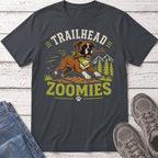 T-shirt with a boxer dog running with a stick, text "Trailhead Zoomies"