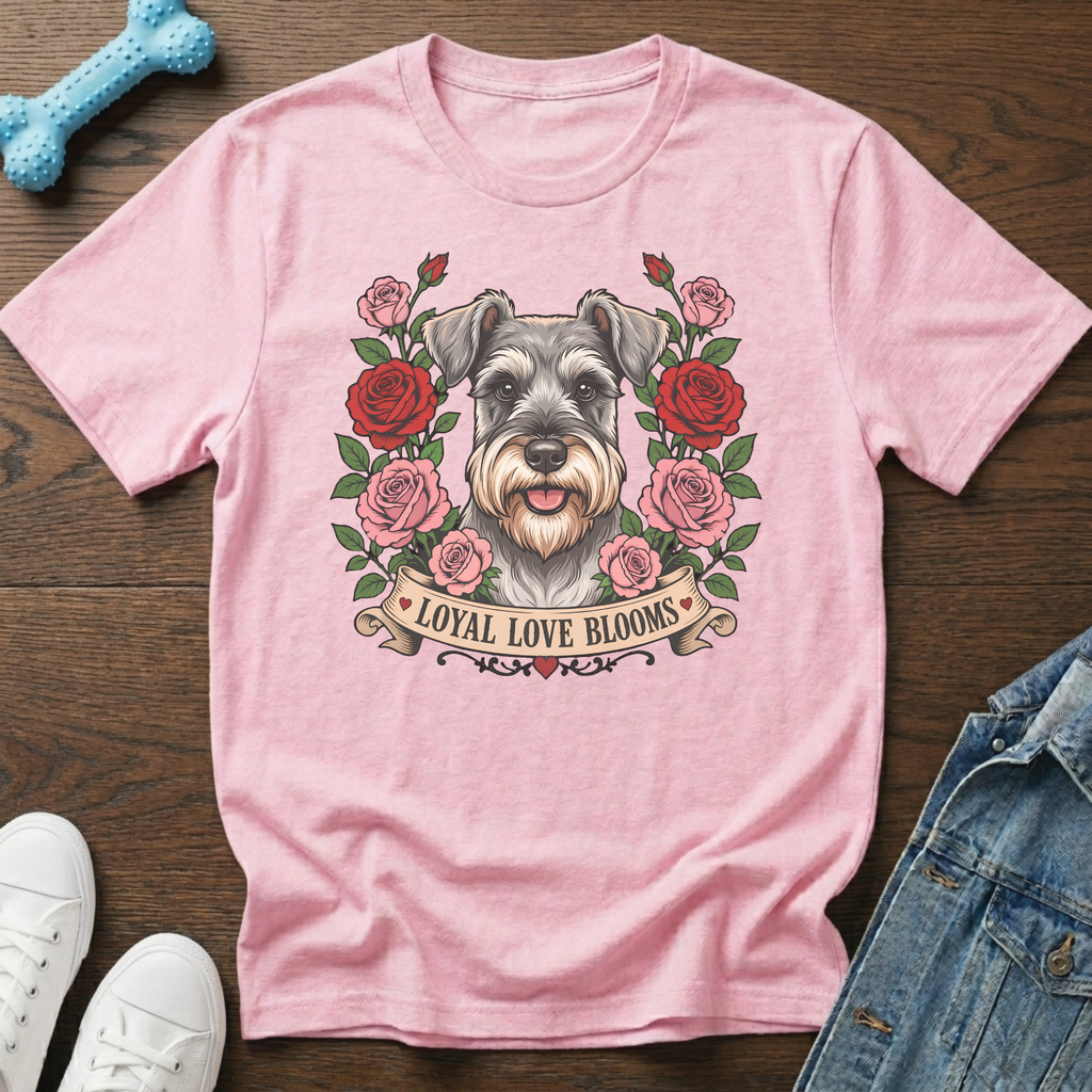 Pink t-shirt with a schnauzer surrounded by roses and the text "Loyal Love Blooms".