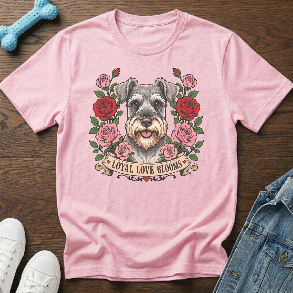 Pink t-shirt with a schnauzer surrounded by roses and the text "Loyal Love Blooms".