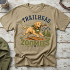 T-shirt with a dog running with a stick and text "TRAILHEAD ZOOMIES".