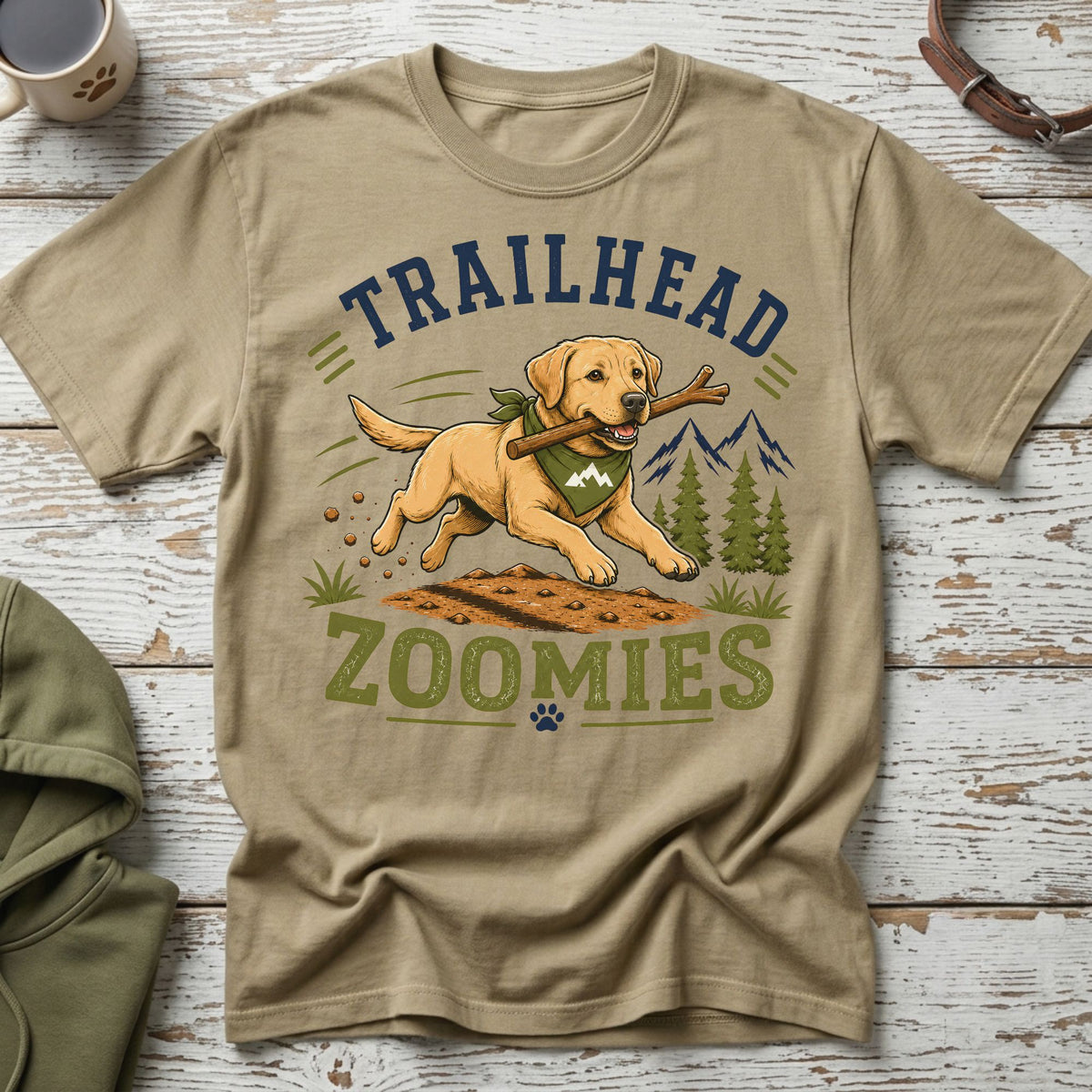T-shirt with a dog running with a stick and text "TRAILHEAD ZOOMIES".