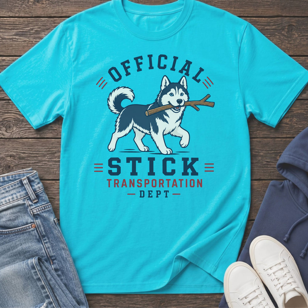 Turquoise t-shirt with husky graphic and text "Official Stick Transportation Dept."