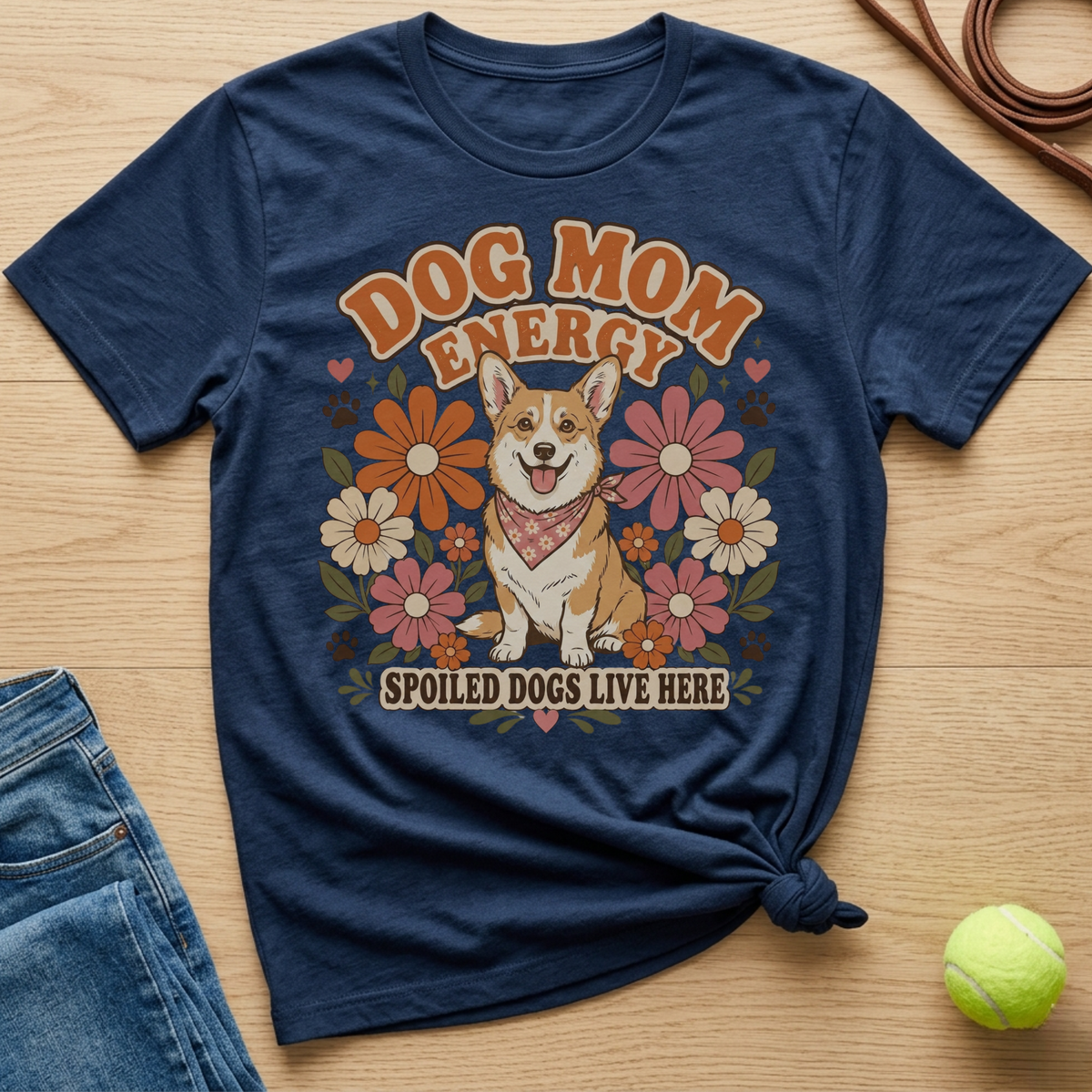 Navy t-shirt with a corgi, flowers, and text "Dog Mom Energy Spoiled Dogs Live Here".