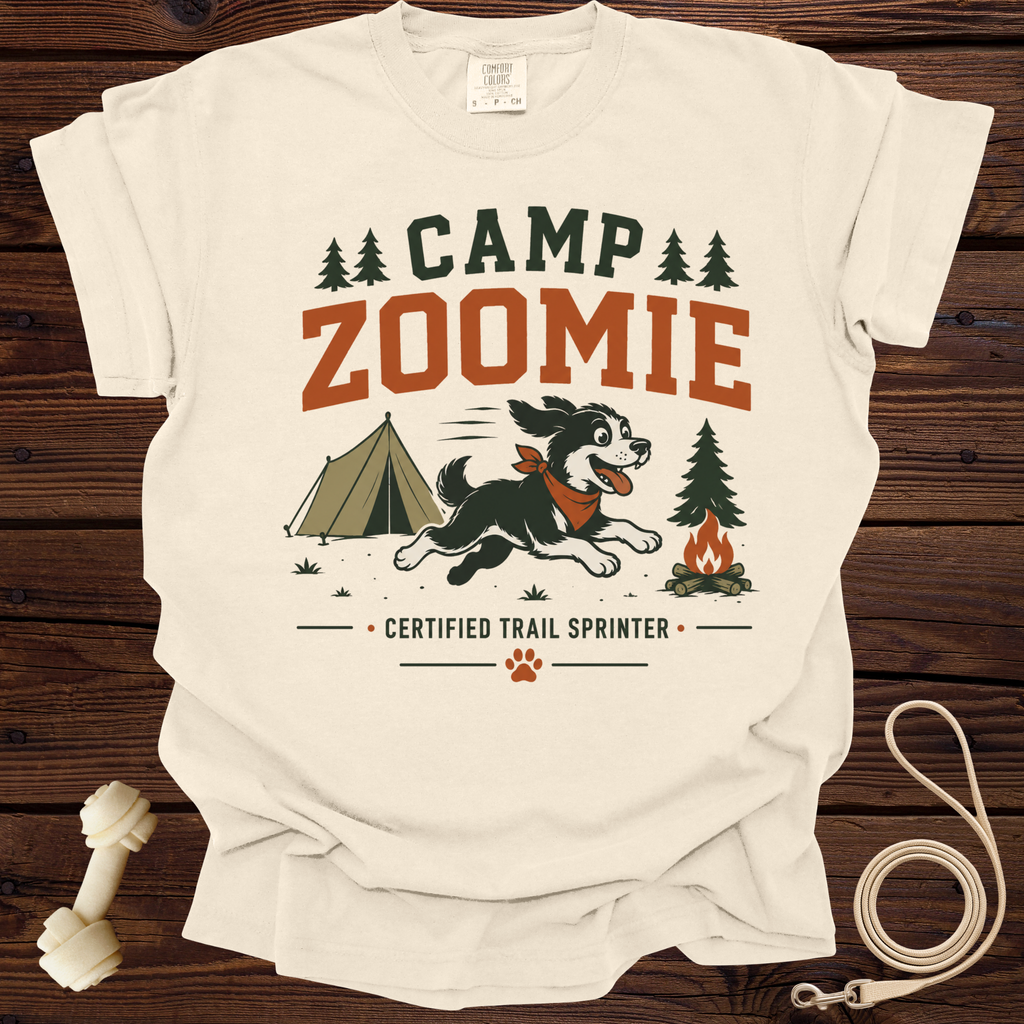 T-shirt with "CAMP ZOOMIE CERTIFIED TRAIL SPRINTER" and a dog running.