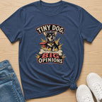 Navy t-shirt with "Tiny Dog, Big Opinions" graphic featuring a chihuahua on a bone.