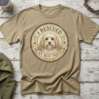 T-shirt with a round graphic featuring a dog, the text "I RESCUED MY BEST FRIEND".