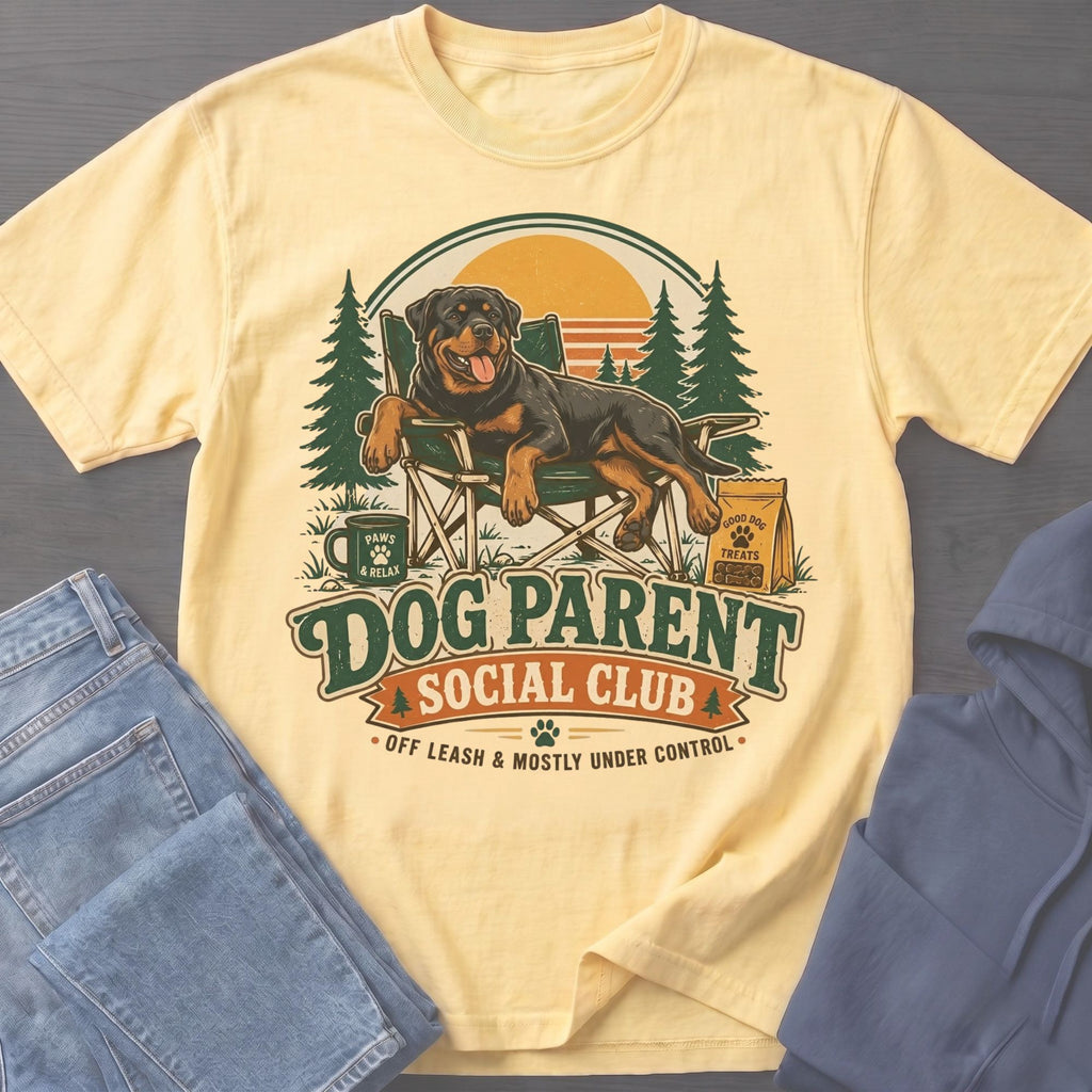 Rottweiler on a camping chair with "Dog Parent Social Club" text.