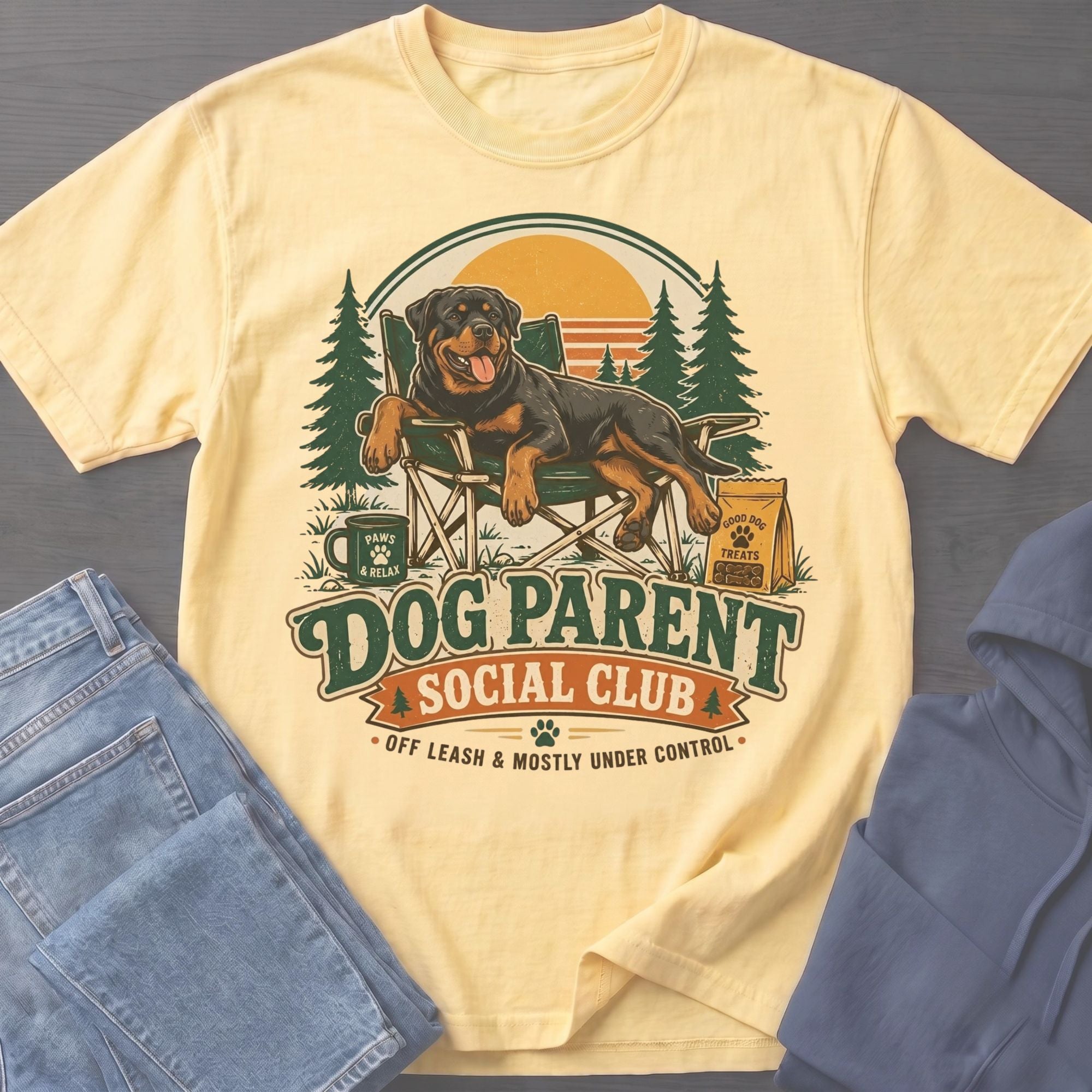 Rottweiler on a camping chair with "Dog Parent Social Club" text.