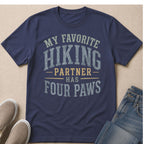 Navy t-shirt with "My Favorite Hiking Partner Has Four Paws" text.