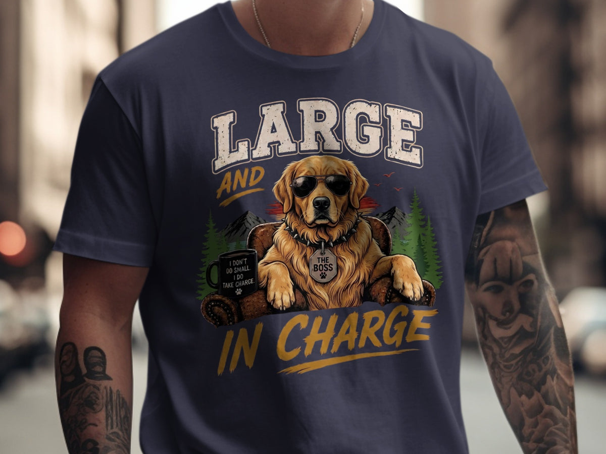 Golden retriever wearing sunglasses sits in a chair with text "Large and In Charge".