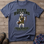 Husky wearing hunting vest holds rifle with text "Gone Hunting Dog House Hunt Club".