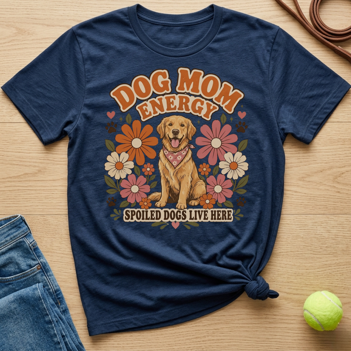 Dark blue t-shirt with golden retriever and flowers; "Dog Mom Energy Spoiled Dogs Live Here".