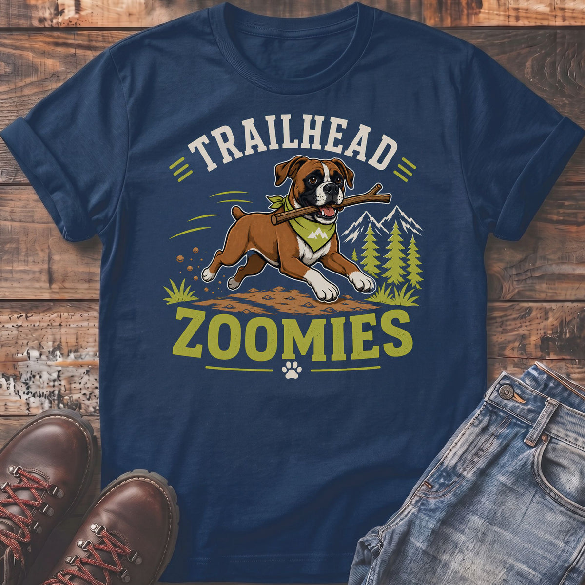Boxer dog with stick on navy t-shirt, text says "TRAILHEAD ZOOMIES".