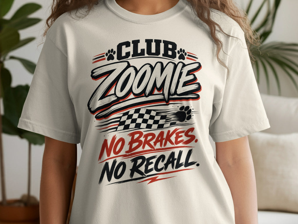 Club Zoomie no brakes no recall text on a cream t-shirt.