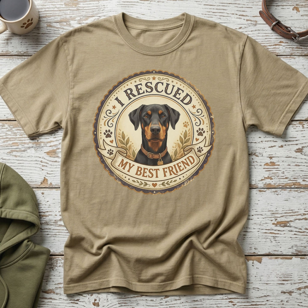 T-shirt with Doberman graphic and text "I Rescued My Best Friend."