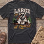 Bulldog wearing sunglasses and a tag that says "The Boss", text "Large and In Charge".