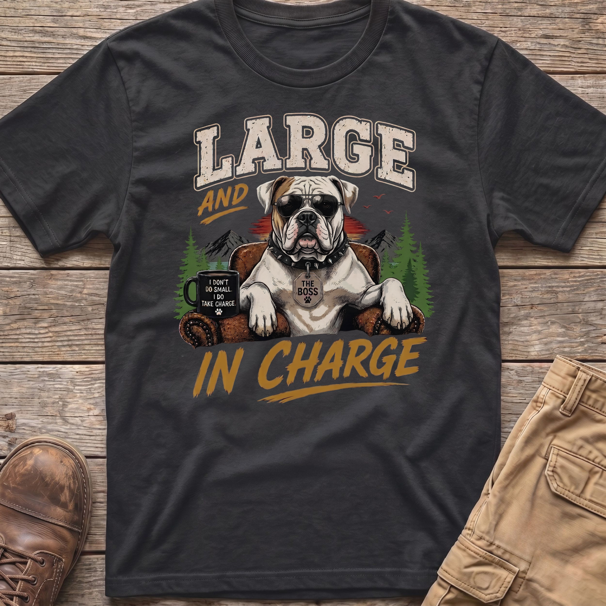 Bulldog wearing sunglasses and a tag that says "The Boss", text "Large and In Charge".