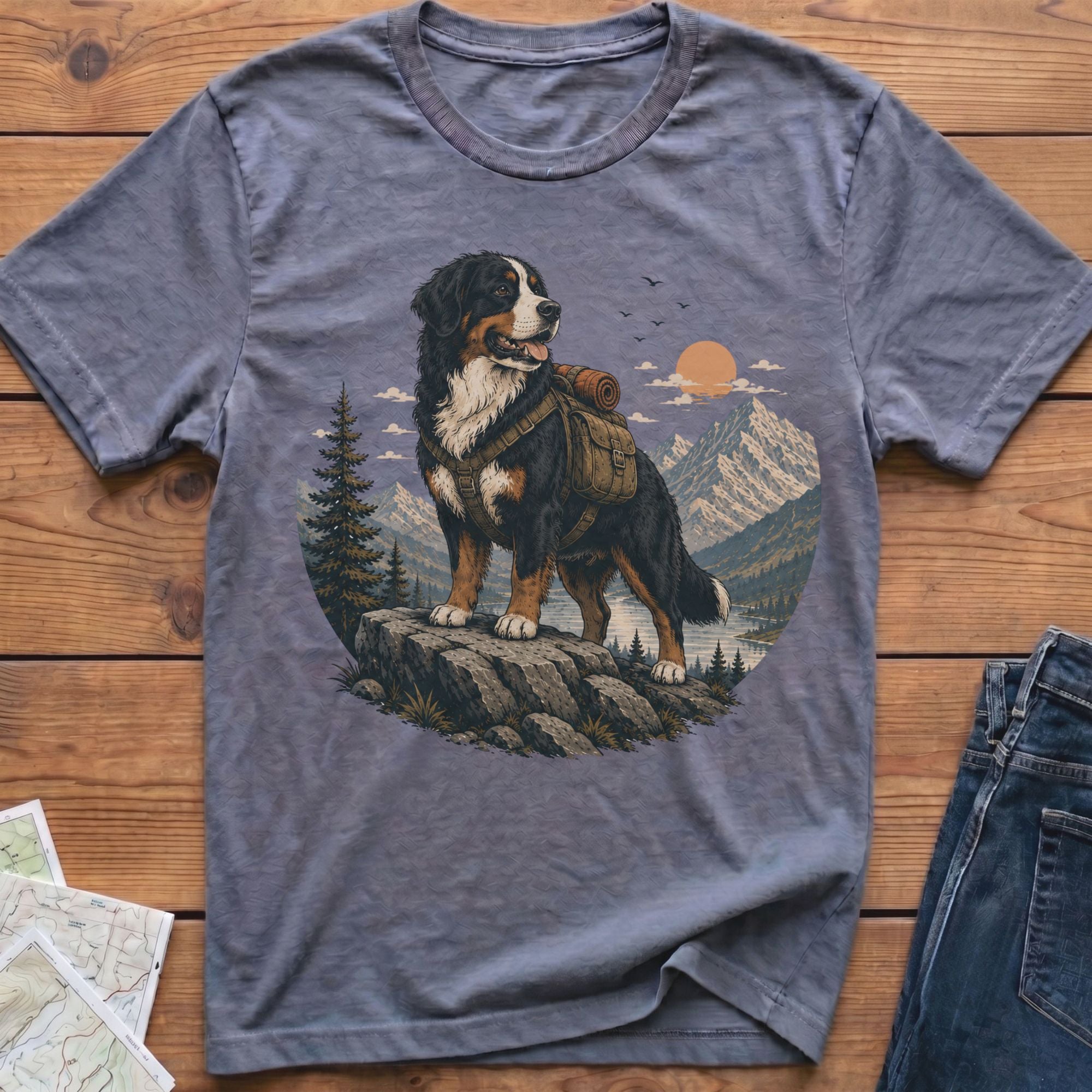 Bernese mountain dog wearing a backpack on a rocky outcrop with mountains in background.