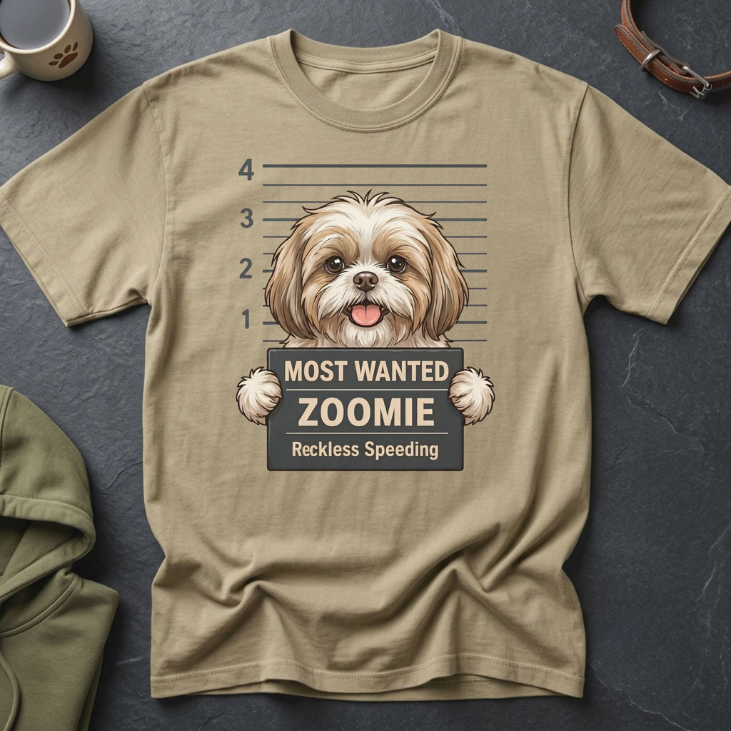 Shih Tzu dog mugshot with text "Most Wanted Zoomie Reckless Speeding".